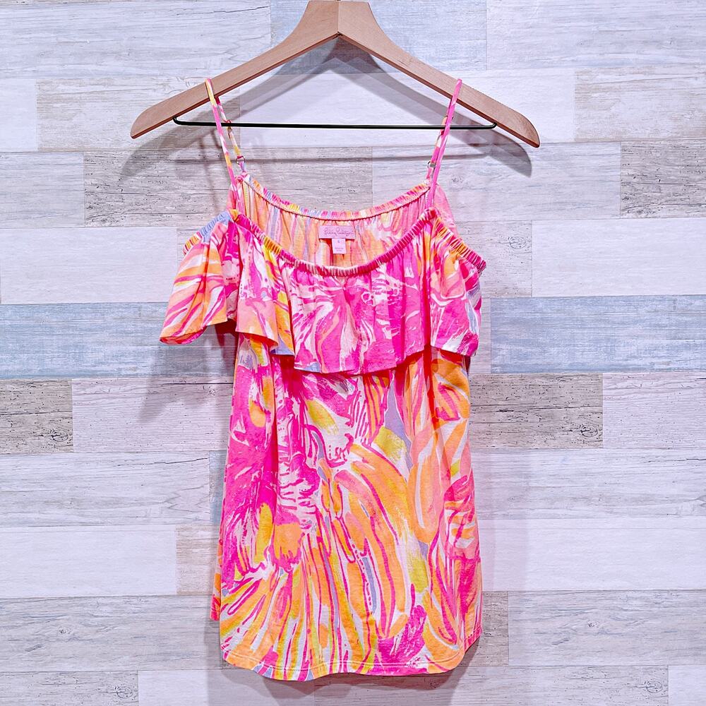 Lilly Pulitzer Tamiami Ruffle Off The Shoulder Top Pink Floral Womens Small